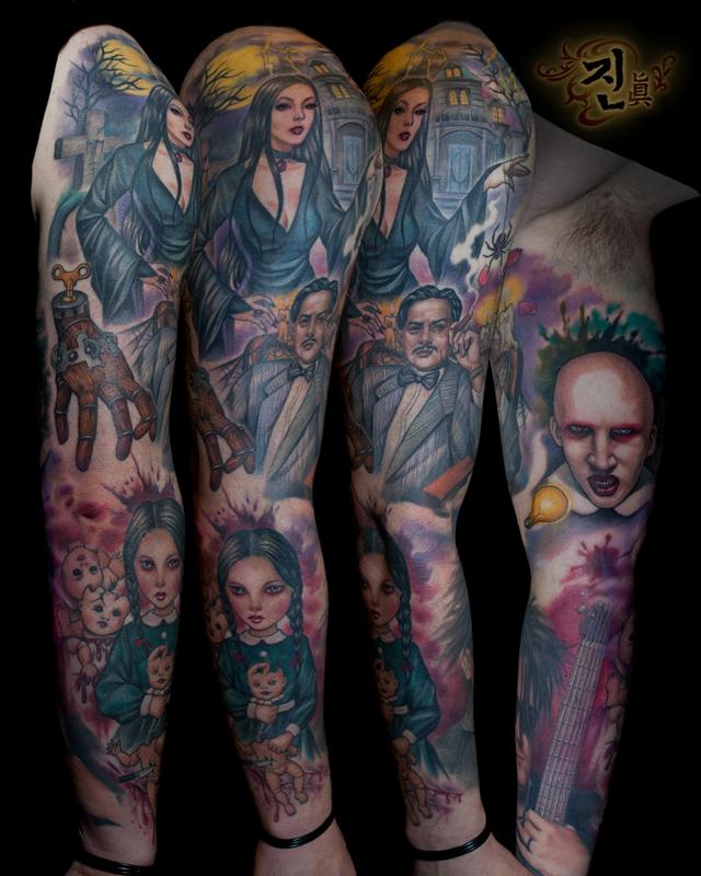 Addams Family Sleeve by Jin O: TattooNOW Addams Family Sleeve by Jin O: TattooNOW