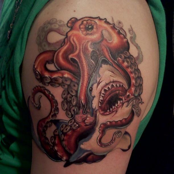 Shark vs. Octopus by John Lally TattooNOW