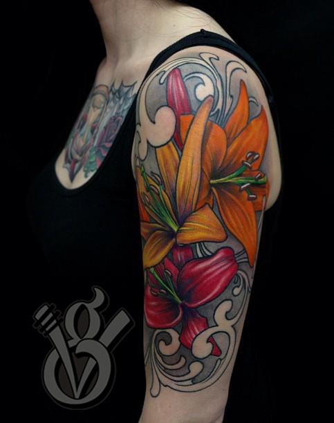 lily lilies flower women female color arm halfsleeve tattoo by Jon von Glahn: TattooNOW lily lilies flower women female color arm halfsleeve tattoo by Jon von Glahn: TattooNOW