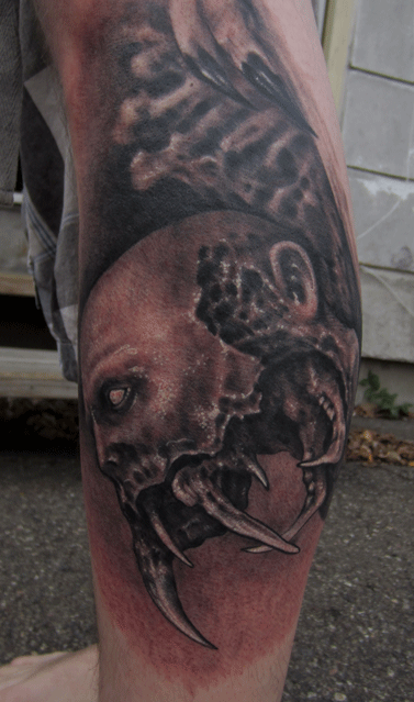 Necromorph dead space video game black and grey leg tattoo by jon von 