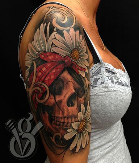 Skull Bandana Floral Daisy Color Arm Sleeve Tattoo Woman Female By Jon Von Glahn Tattoonow