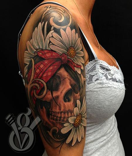 Skull Bandana Floral Daisy Color Arm Sleeve Tattoo Woman Female By Jon Von Glahn Tattoonow Skull Bandana Floral Daisy Color Arm Sleeve Tattoo Woman Female By Jon Von Glahn Tattoonow