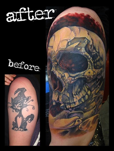 Jon von Glahn - skull cover up arm color tattoo