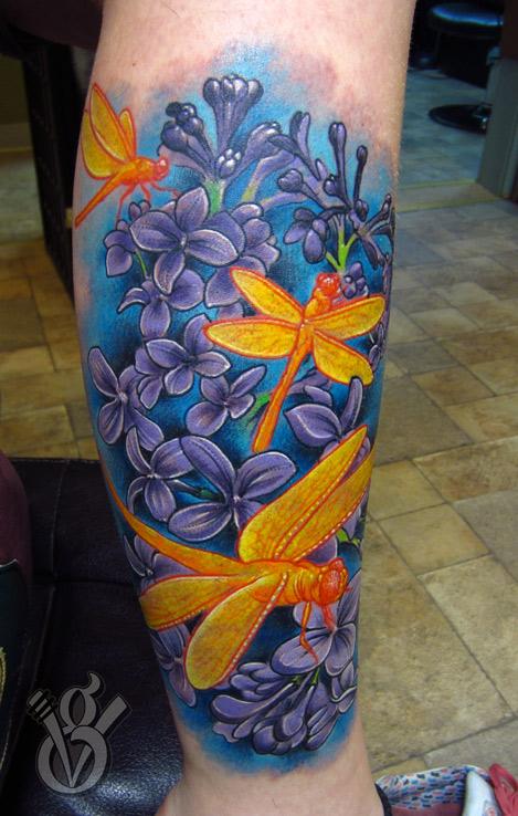 Orange dragonfly purple lilacs color girl leg cutom tattoo by Jon von  Glahn TattooNOW