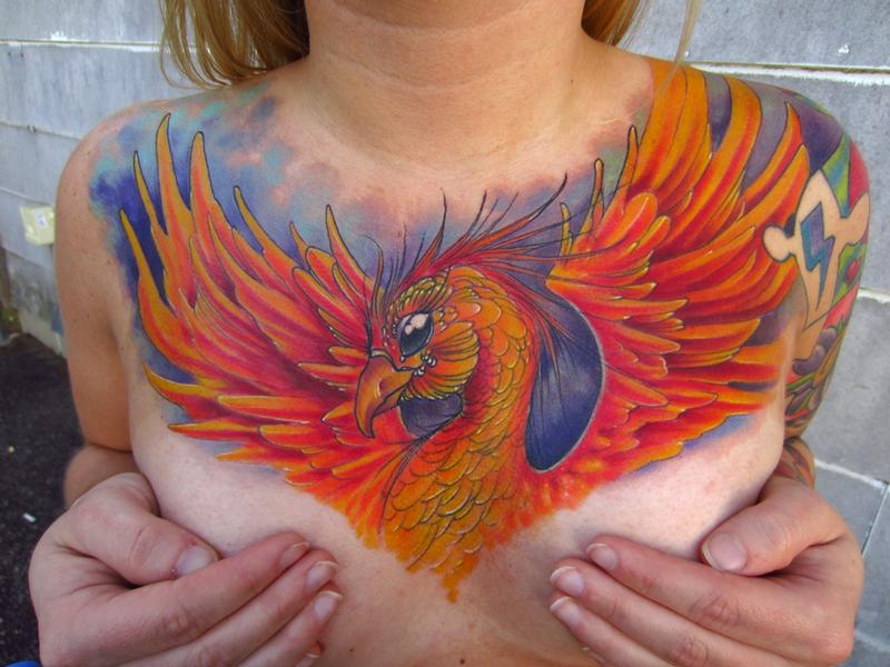 Flying Phoenix Tattoo On Man Chest