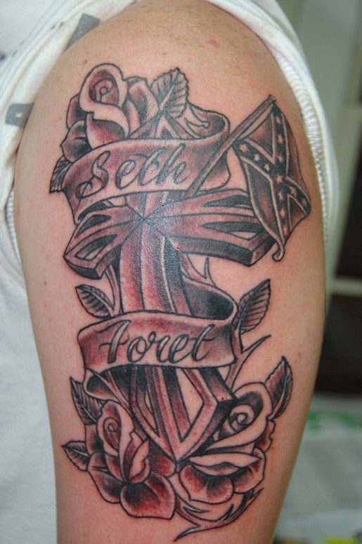 Cross, Flower & Script Tattoo by Jordan Cain: TattooNOW