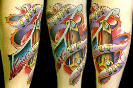switch blade and banner life of sin tattoo by Josh Woods: TattooNOW