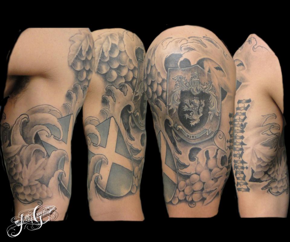 family crest 1/2 sleeve by Kelly Green: TattooNOW
