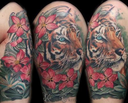 Tattoos - tiger hiding behind some apple blossoms - 99629