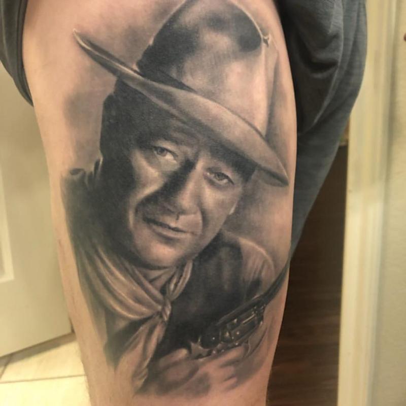 John Wayne Portrait Tattoo healed by Lefty Colbert