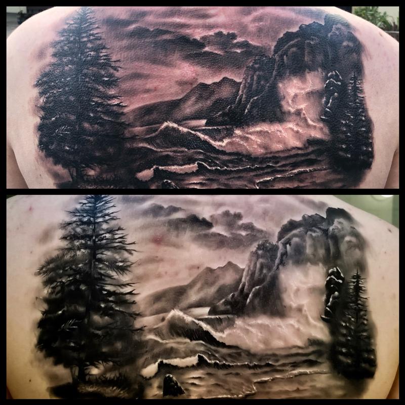 Tattoo uploaded by del may • Forest/Lake scene on upper arm • Tattoodo