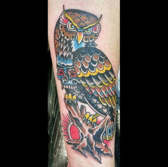 CatrinaDay of the Dead Leg NeoTraditional Owl Tattoo  Slave to the Needle