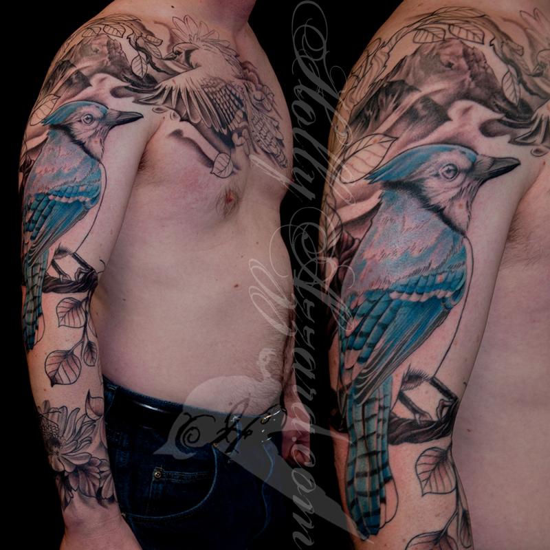 Blue Jay Sleeve And Chest In Progress By Holly Azzara Tattoonow