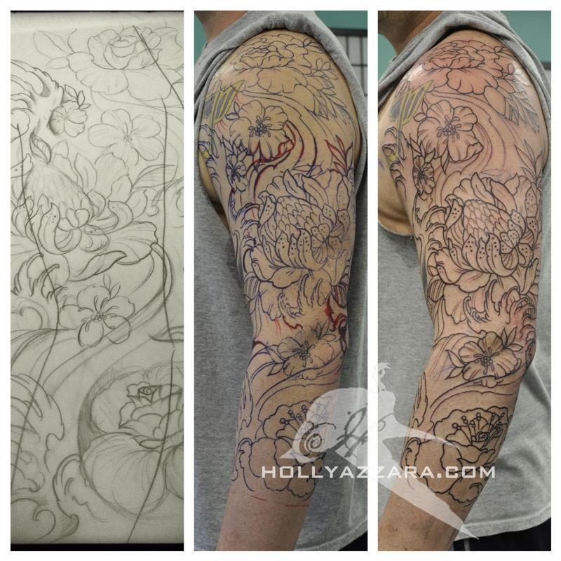 The progression of an outline.. FLowers and Water 3/4 sleeve by Holly  Azzara: TattooNOW