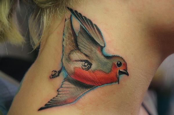 Realistic Neck Bird Tattoo by Three Kings Tattoo