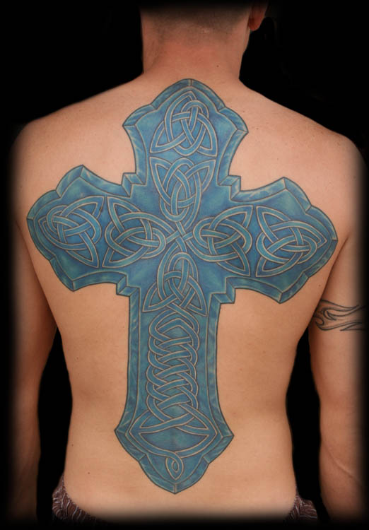 Blue celtic cross tattoo