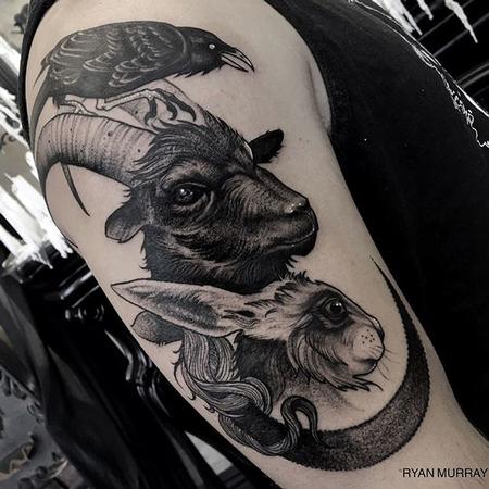 Tattoos - Crow Goat Rabbit and Crescent Moon Blackwork - 120317