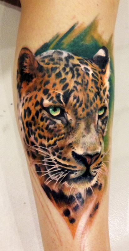 Black  Grey Realistic Felines Ocelot Leopard  Tiger Full Arm Sleeve  Tattoo