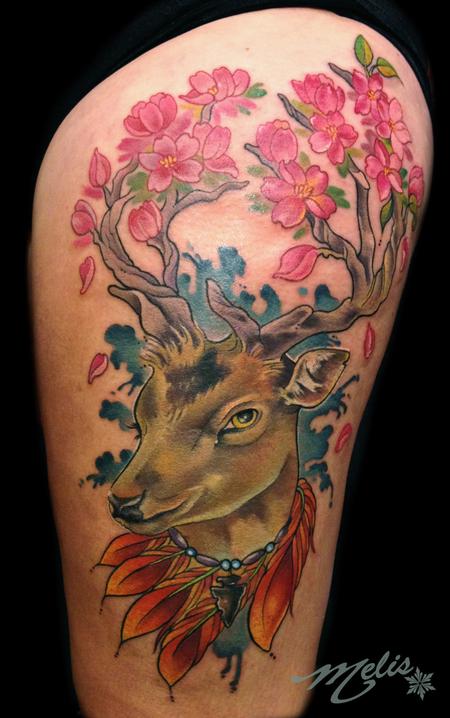 Tattoos - deer head w/ cherry blossom branches - 79200