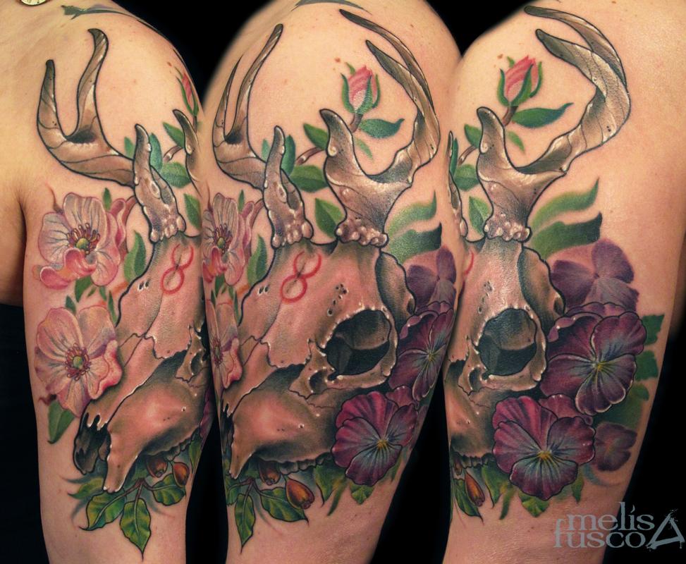 deer skull & floral by Melissa Fusco: TattooNOW