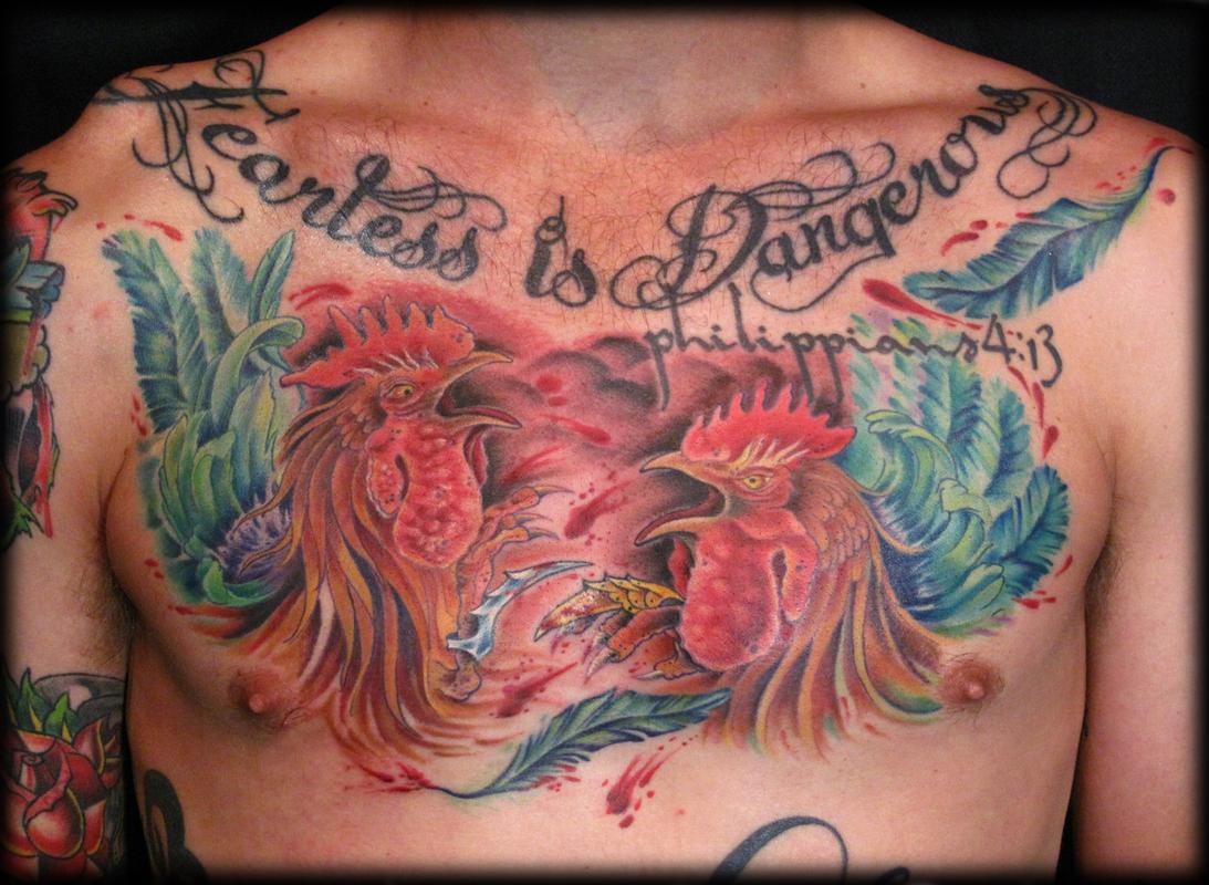 Color Rooster Chest tattoo by Dimas Reyes TattooNOW