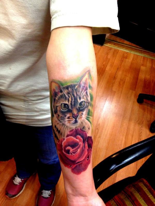 cat memorial color portrair tattoo by Cesar Perez Tattoos: TattooNOW