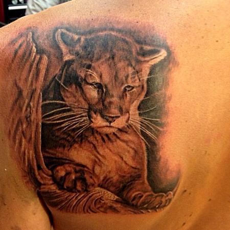 Tattoos - black and grey Mountain lion tattoo done by cesar perez from keene NH. - 78598