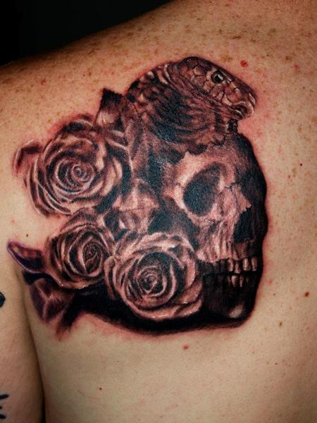 Tattoos - skull roses cobra black and grey tattoo - 72640