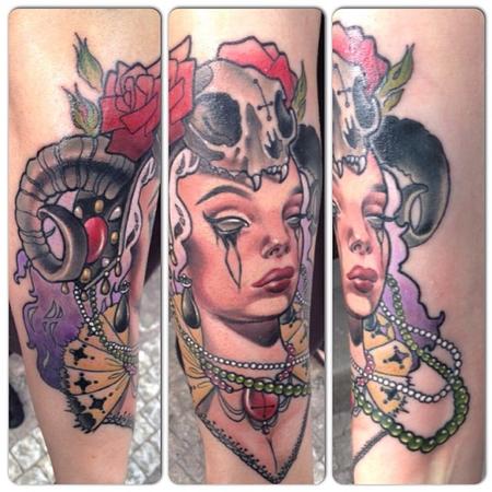 Tattoos - Evil Woman and Satanic Cat Skull with Pearls and roses - 92077