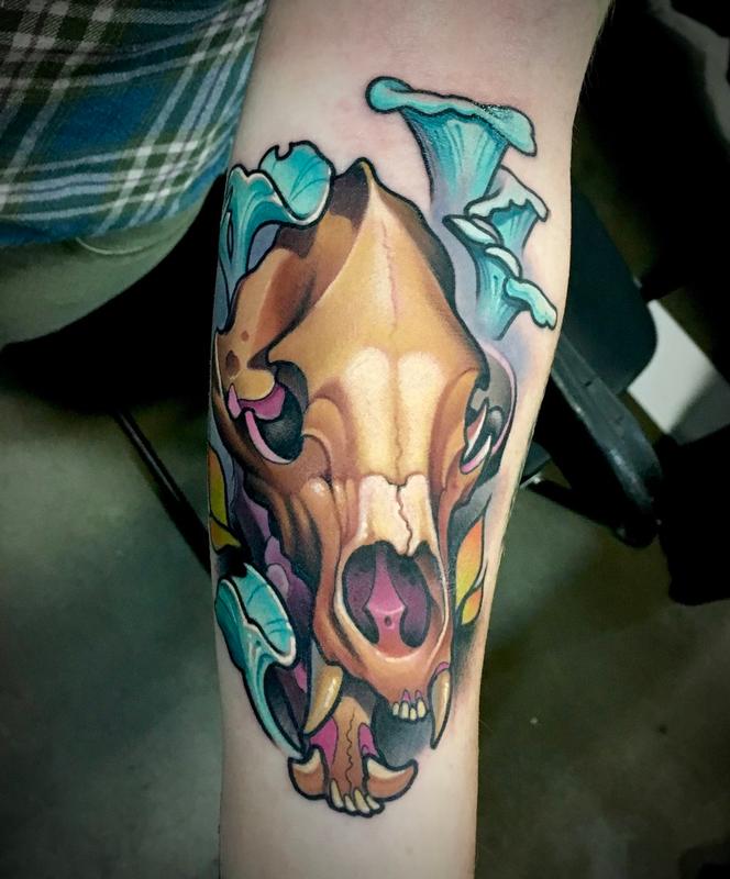 animal skull and mushroom color neo trad tattoo by Matt Truiano: TattooNOW