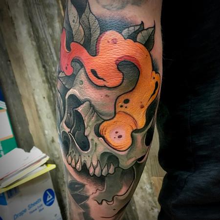 Matt Truiano - skull and flame neo traditional tattoo 