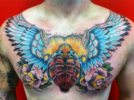 Tattoos - freehand chest piece grenade heart wings - 71682