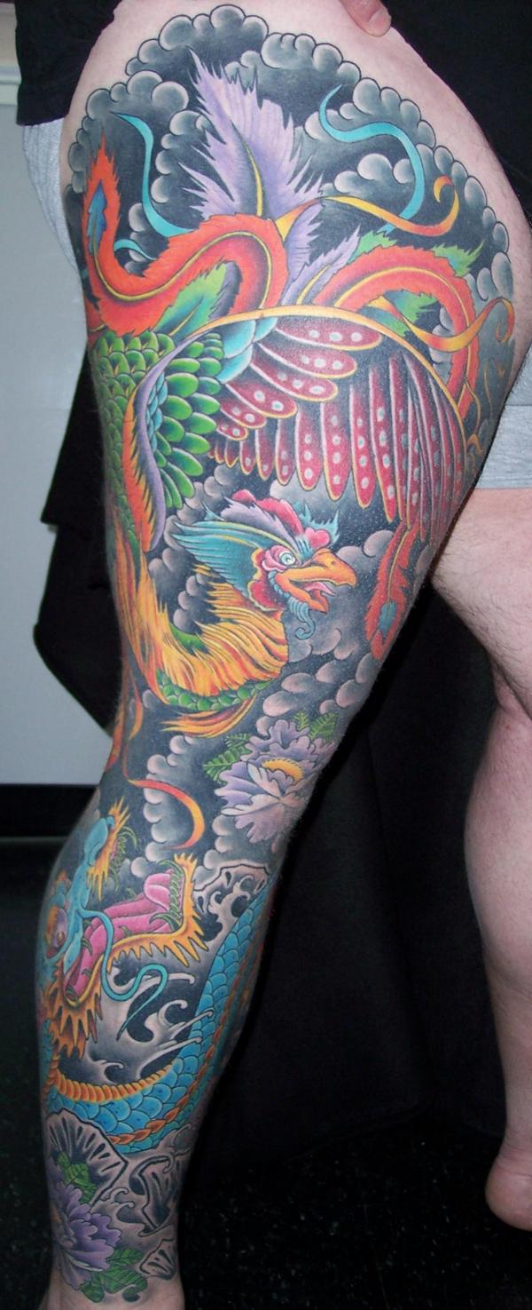 Phoenix and dragon full leg sleeve by Mark Thompson: TattooNOW