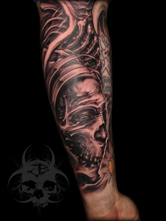 Abstract Black and Gray Skull Surrealism tattoo by