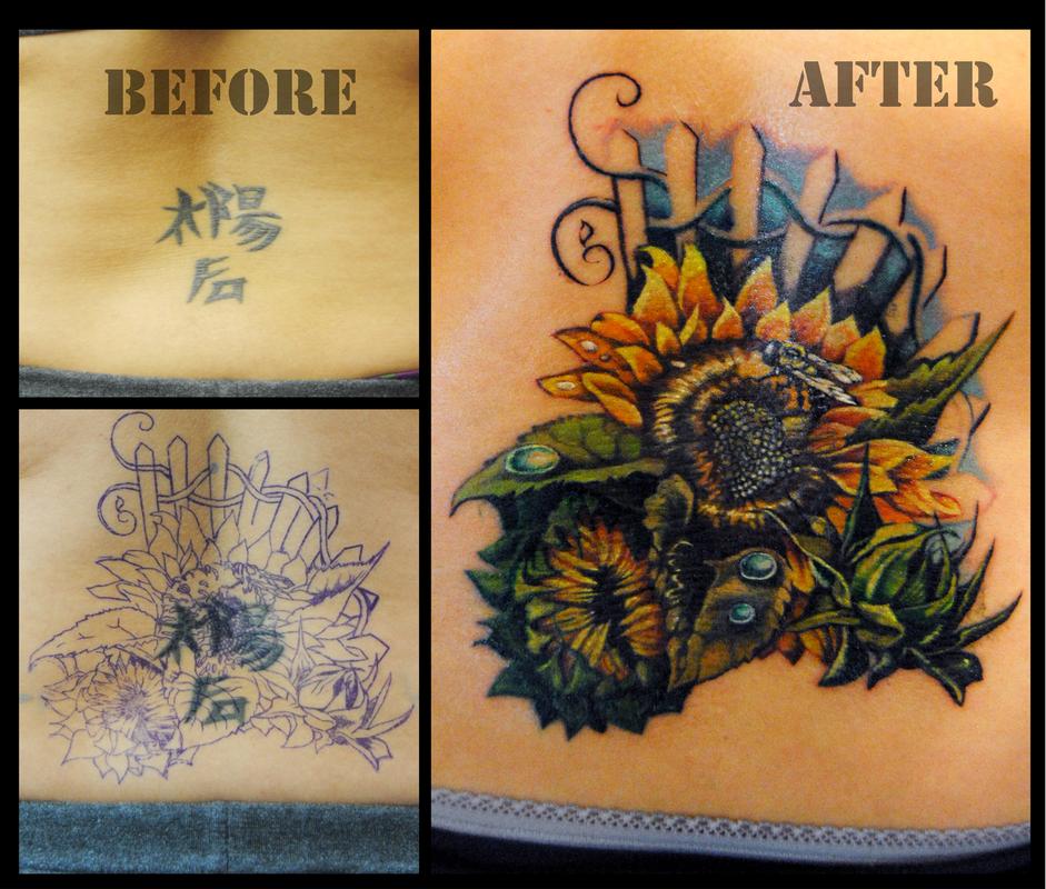 Sunflower cover up tattoo located on the tricep