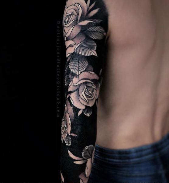 skull and roses tattoo sleeve