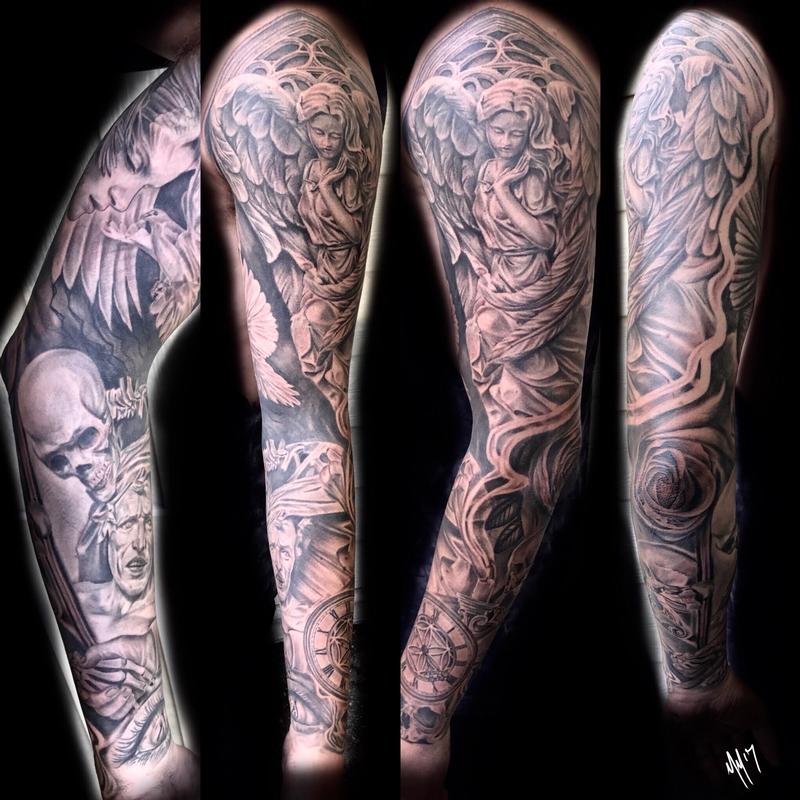 Angel and Skull Sleeve Tattoo by Matt Morrison: TattooNOW