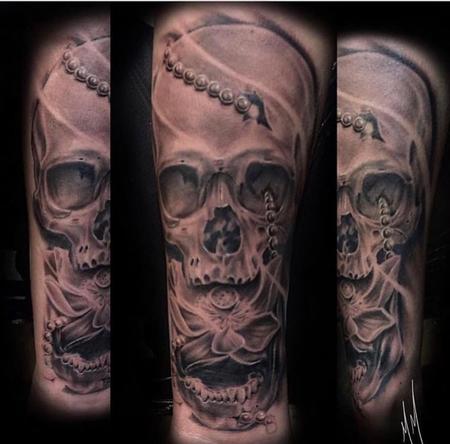Tattoos - Black and Grey Skull with Lotus Tattoo - 136132