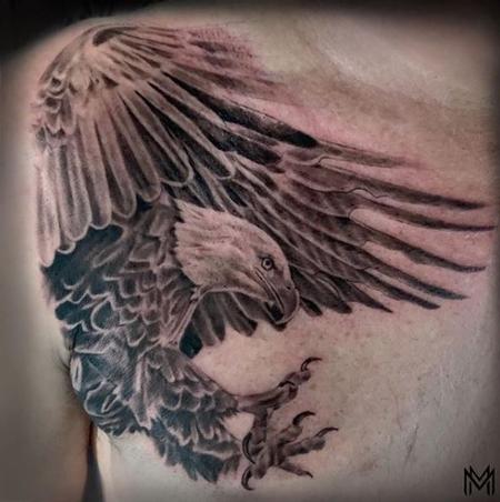 Matt Morrison - Black and Gray Eagle Chest Tattoo 