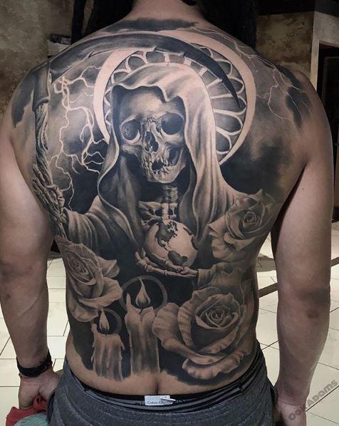 Black and Gray Santa Muerte Tattoo