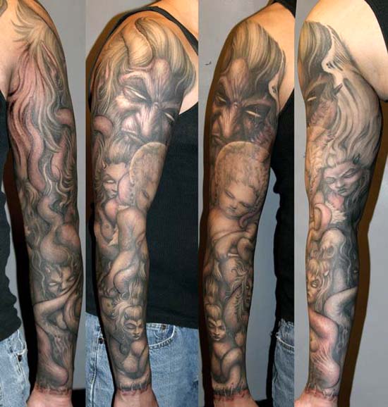 Grey Angel And Demon Tattoo On Full Sleeve