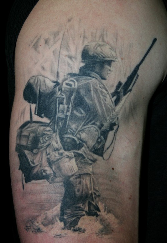 Black and Gray Soldier Tattoo by Randy Prause: TattooNOW