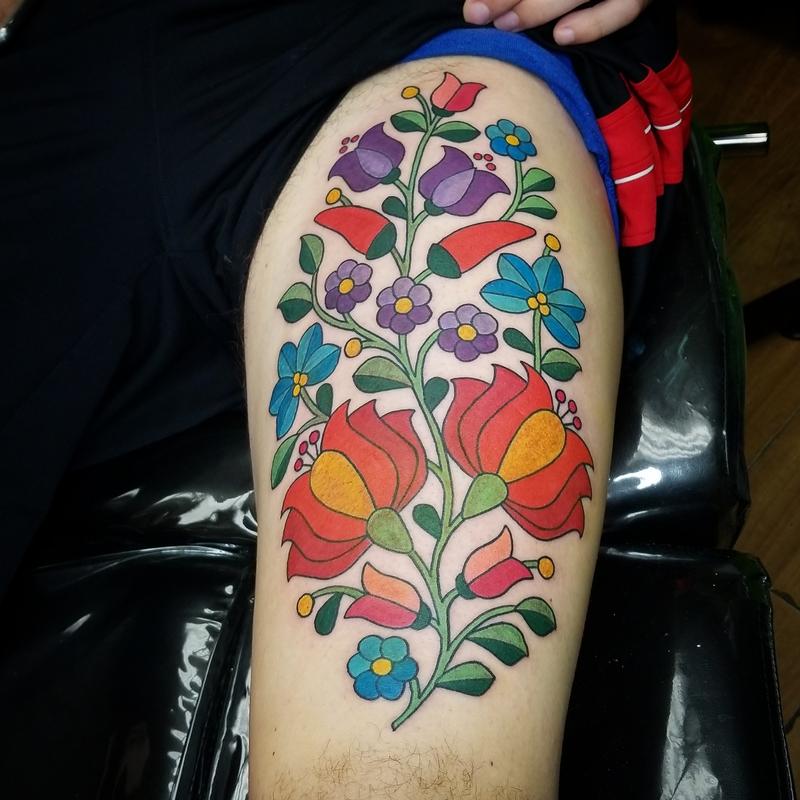 Hungarian Embroidery Tattoo On Thigh
