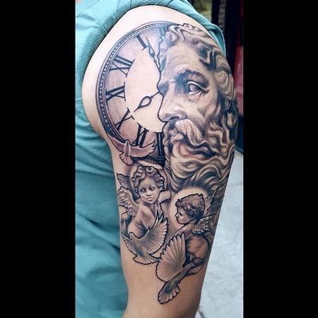 Tattoos - Black and Grey Clock and Statues - 132030