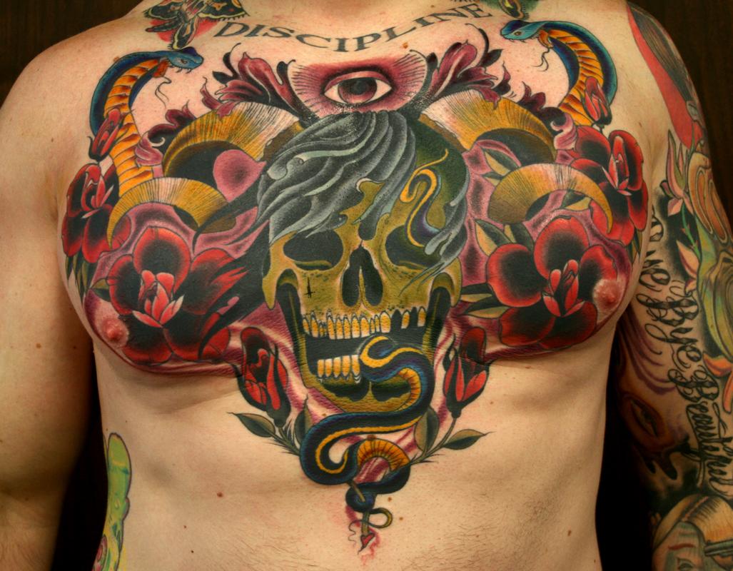 black metal chest piece by Joshua Bowers: TattooNOW