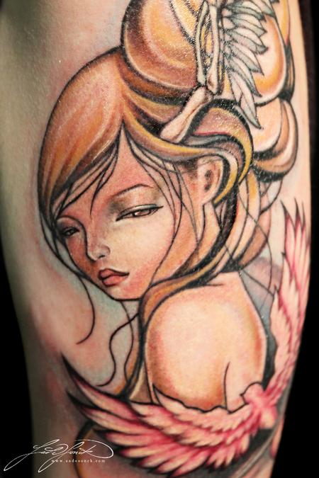 Tattoos - Girl with a pink bird - 77042