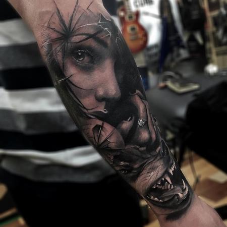 Sam Barber - Girl, Wolf, Glass Composite Arm Tattoo