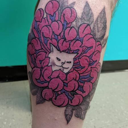 Damen Tesch - meme cat chrysanthemum leg tattoo