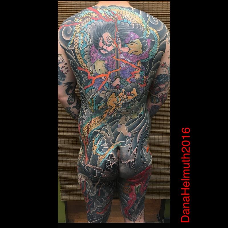 Japanese ninja sorcerer with dragon backpiece tattoo by Dana Helmuth