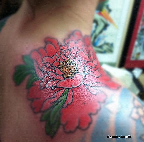 Neotraditional snake  peony tattoo on the neck